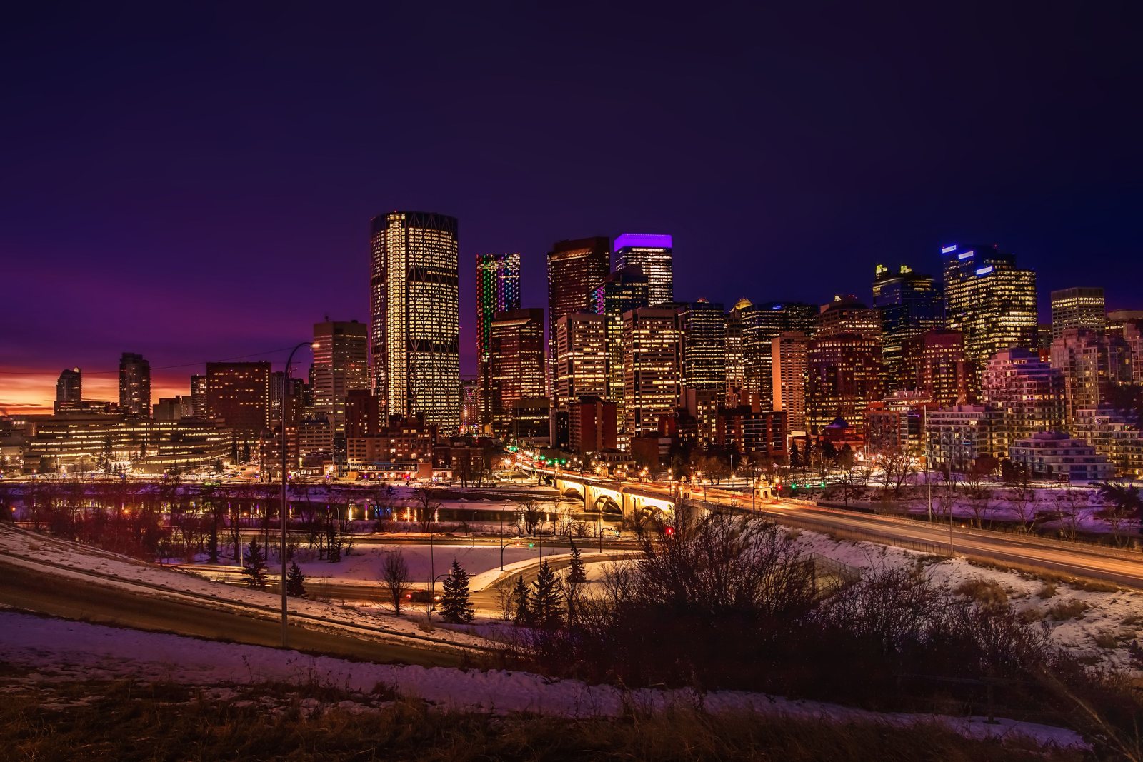 Illuminated downtown Calgary skyline at night